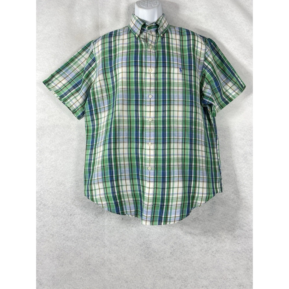 Vintage Polo Ralph Lauren‎ Shirt Mens Large Green Button Up Plaid Linen Blend